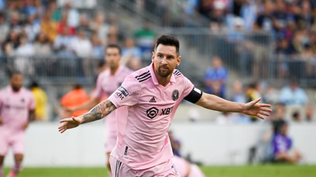 Lionel Messi pictured celebrating after scoring a goal for Inter Miami against Philadelphia Union in the semi-finals of the 2023 Leagues Cup